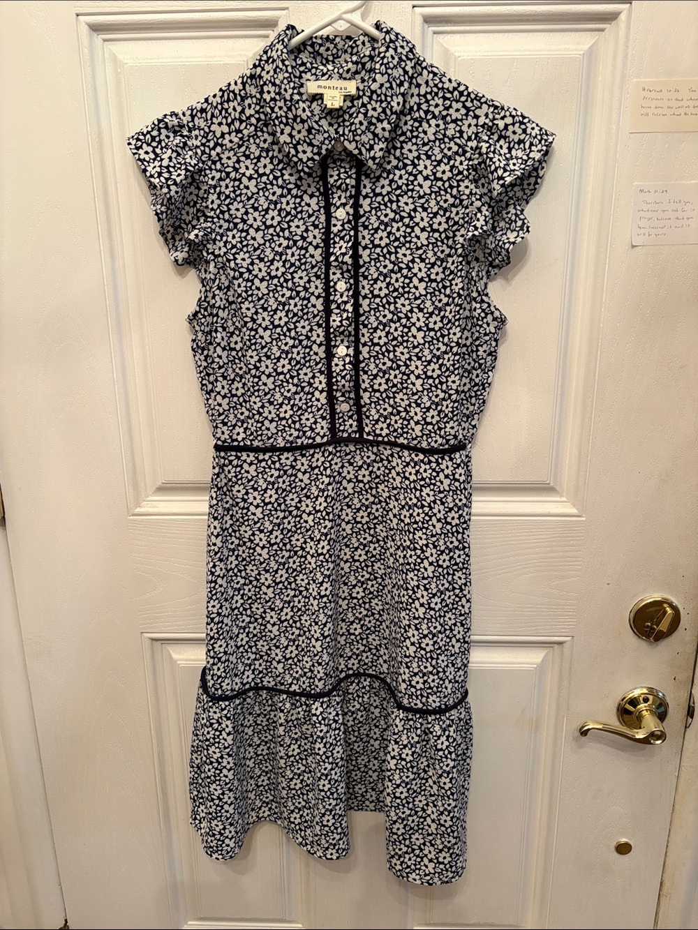 Monteau Navy and White Floral Tiered Midi Dress with Contrast Trim